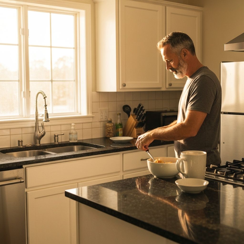 Ihminen valmistaa ruokaa kirkkaassa keittiössä. Yksinkertainen ja järjestetty ympäristö heijastaa rauhoittavaa arkea.
